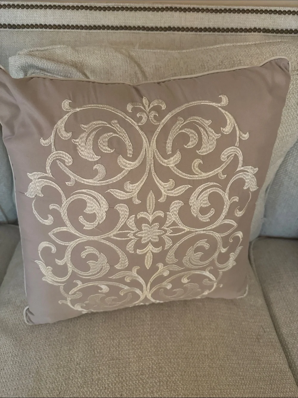 Decorative Taupe Embroidered Scroll Throw Pillow - Brand